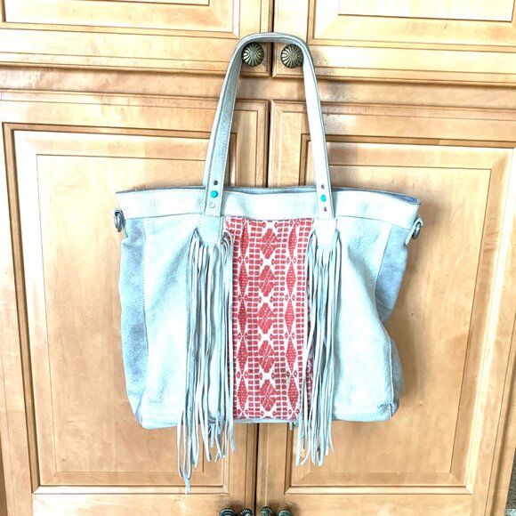 Free People Boho Leather & Suede Studded Tassel Tote – Turquoise & Rust Embroide - Picture 3 of 10